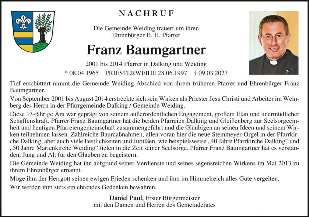 Traueranzeige für Franz Baumgartner vom 21.03.2023 aus Bayerwald Echo
