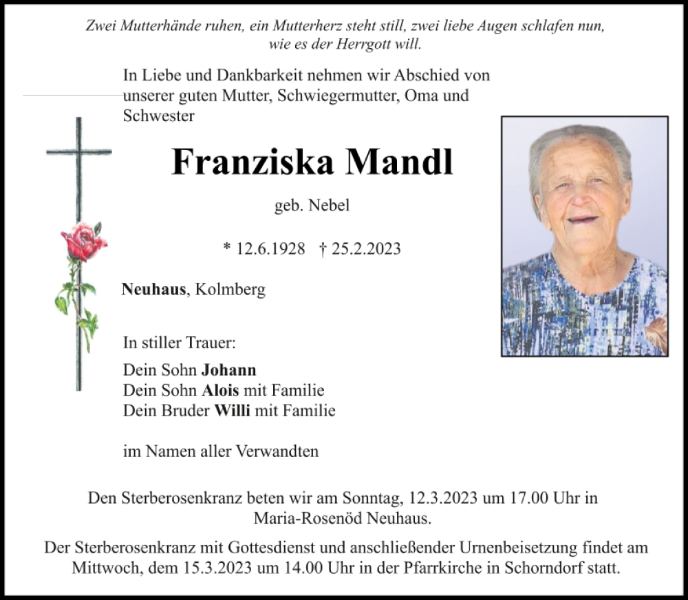  Traueranzeige für Franziska Mandl vom 10.03.2023 aus Bayerwald Echo