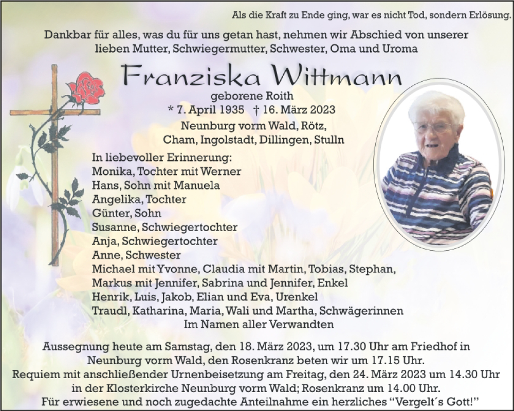  Traueranzeige für Franziska Wittmann vom 18.03.2023 aus Mittelbayerische Zeitung Schwandorf