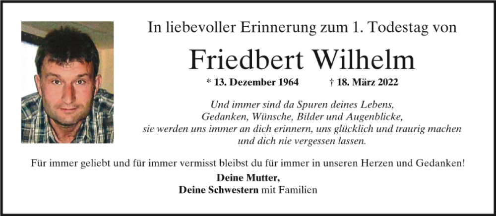  Traueranzeige für Friedbert Wilhelm vom 18.03.2023 aus Mittelbayerische Zeitung Schwandorf