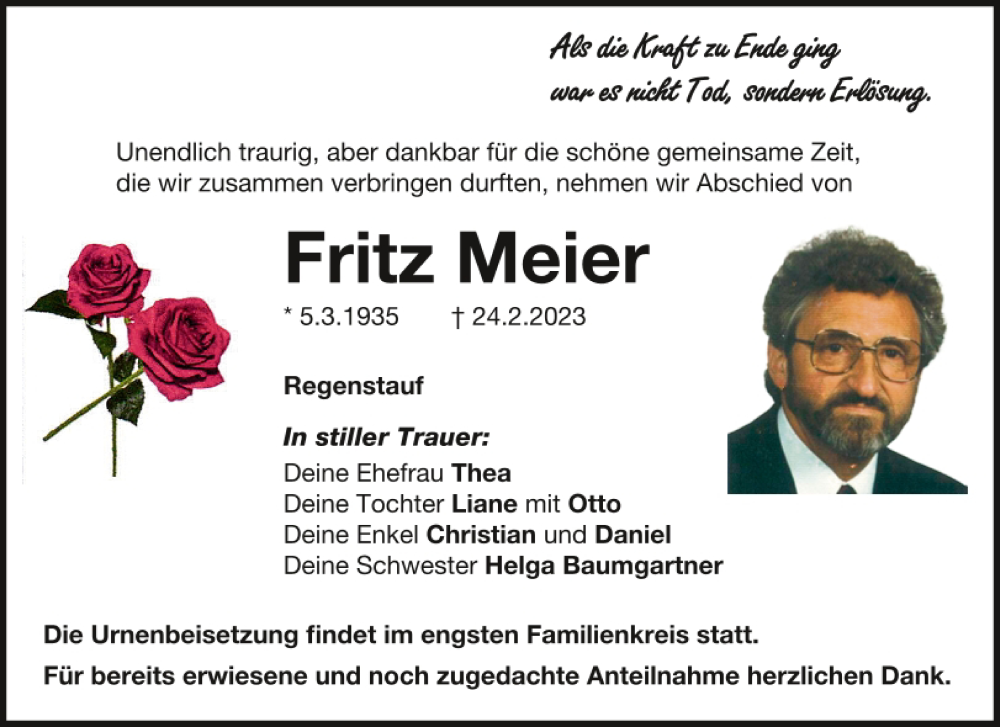  Traueranzeige für Fritz Meier vom 08.03.2023 aus Mittelbayerische Zeitung Regensburg