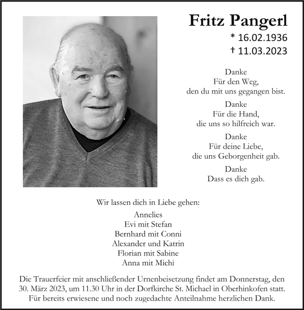  Traueranzeige für Fritz Pangerl vom 18.03.2023 aus Mittelbayerische Zeitung Regensburg