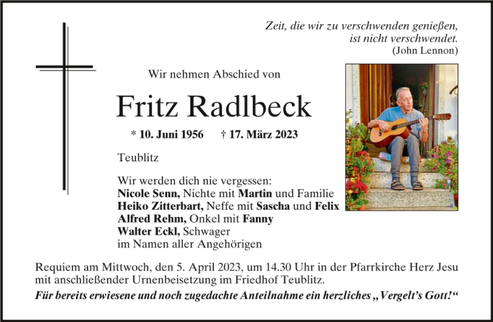  Traueranzeige für Fritz Radlbeck vom 01.04.2023 aus Mittelbayerische Zeitung Schwandorf