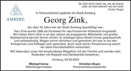 Traueranzeige von Georg Zink von Mittelbayerische Zeitung Schwandorf