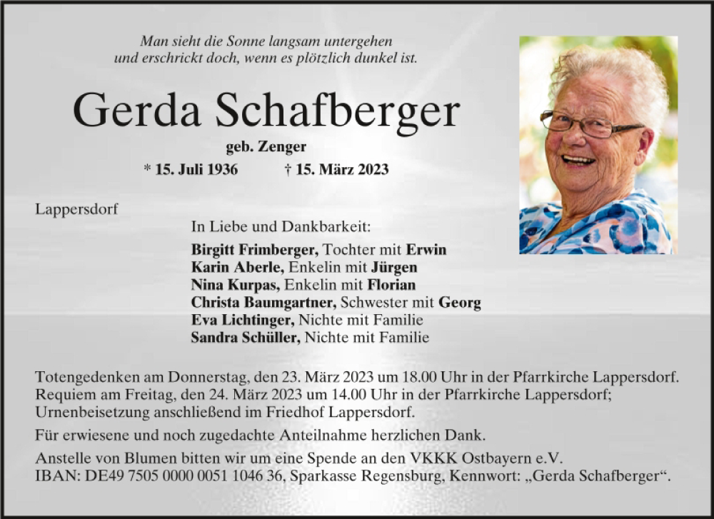  Traueranzeige für Gerda Schafberger vom 18.03.2023 aus Mittelbayerische Zeitung Regensburg