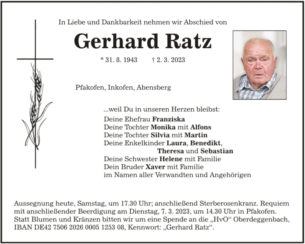  Traueranzeige für Gerhard Ratz vom 04.03.2023 aus Mittelbayerische Zeitung Regensburg