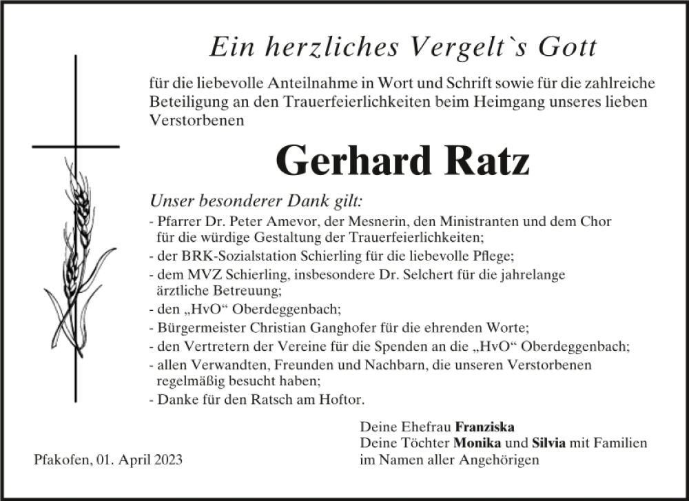  Traueranzeige für Gerhard Ratz vom 01.04.2023 aus Mittelbayerische Zeitung Regensburg