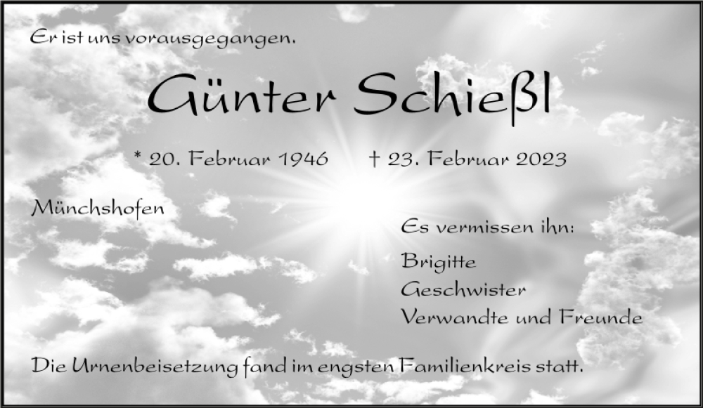  Traueranzeige für Günter Schießl vom 15.03.2023 aus Mittelbayerische Zeitung Schwandorf