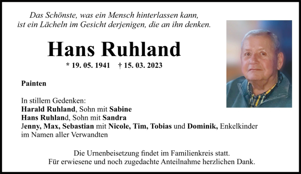  Traueranzeige für Hans Ruhland vom 18.03.2023 aus Mittelbayerische Zeitung Kelheim