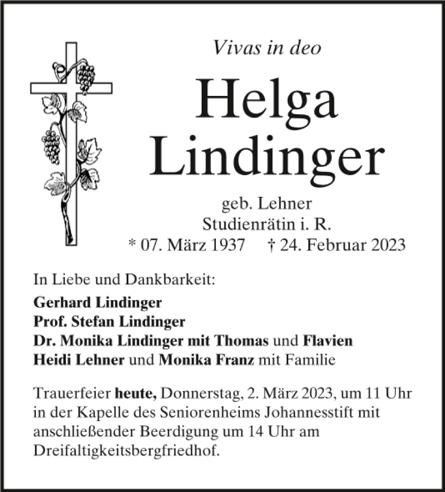  Traueranzeige für Helga Lindinger vom 02.03.2023 aus Mittelbayerische Zeitung Regensburg