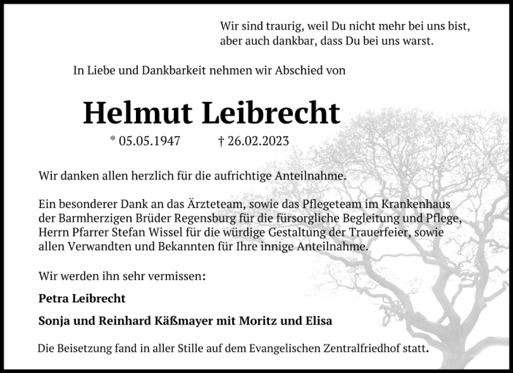  Traueranzeige für Helmut Leibrecht vom 18.03.2023 aus Mittelbayerische Zeitung Regensburg