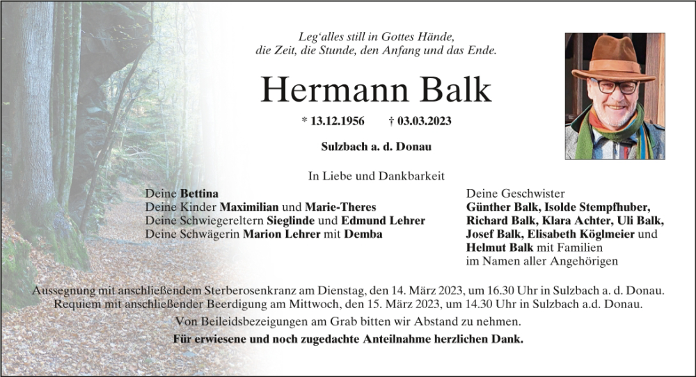  Traueranzeige für Hermann Balk vom 11.03.2023 aus Mittelbayerische Zeitung Regensburg