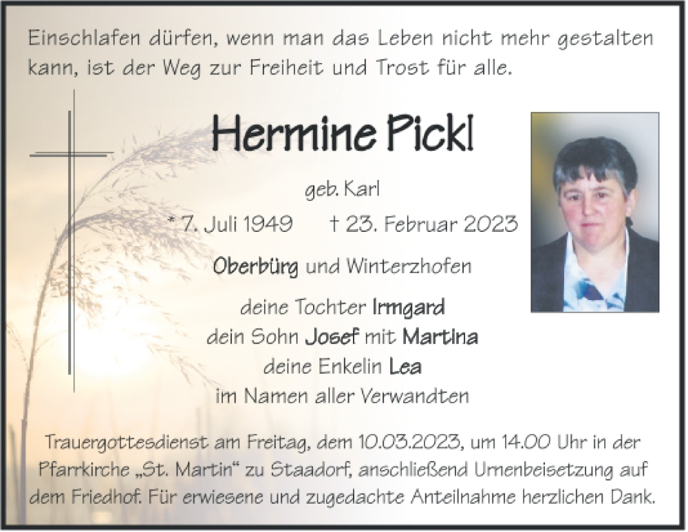  Traueranzeige für Hermine Pickl vom 08.03.2023 aus Neumarkter Tagblatt