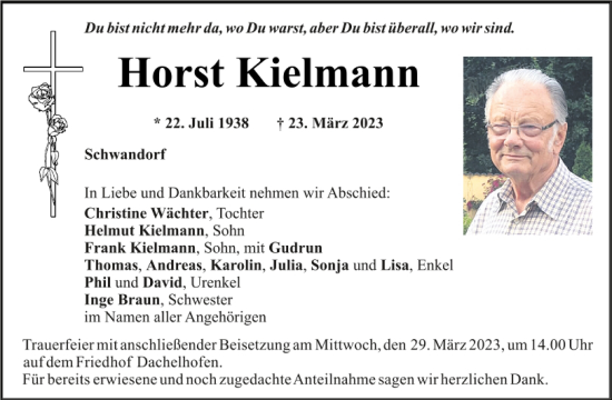 Traueranzeige von Horst Kielmann von Mittelbayerische Zeitung Schwandorf