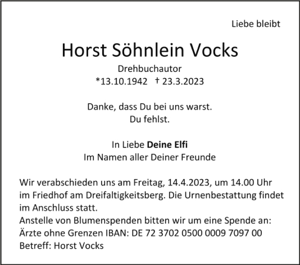  Traueranzeige für Horst Söhnlein Vocks vom 01.04.2023 aus Mittelbayerische Zeitung Regensburg