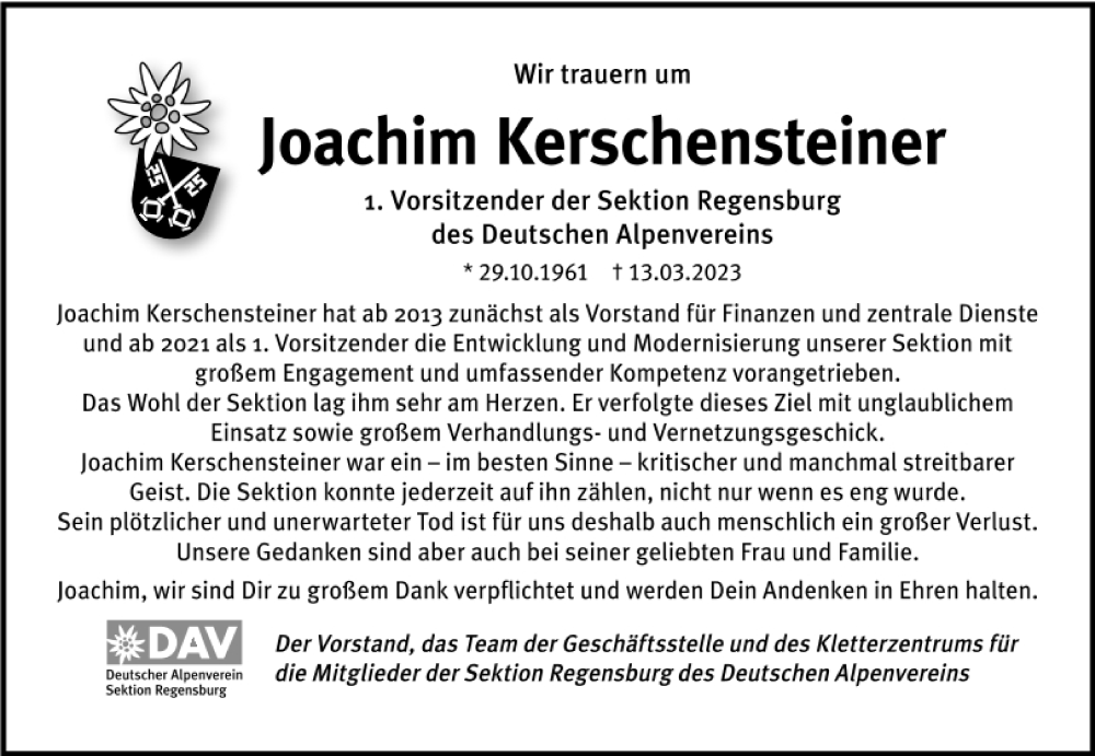  Traueranzeige für Joachim Kerschensteiner vom 18.03.2023 aus Mittelbayerische Zeitung Gesamtausgabe