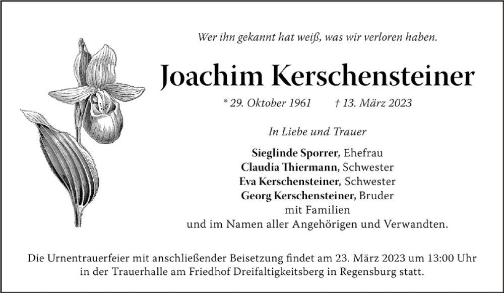  Traueranzeige für Joachim Kerschensteiner vom 18.03.2023 aus Mittelbayerische Zeitung Regensburg