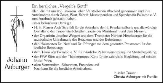 Traueranzeige von Johann Auburger von Mittelbayerische Zeitung Regensburg