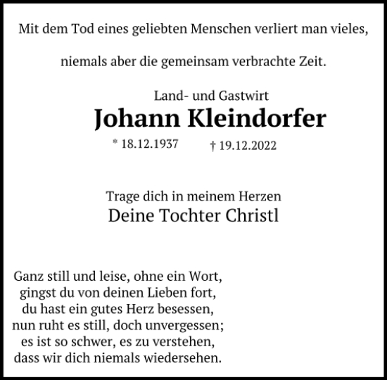 Traueranzeige von Johann Kleindorfer von Mittelbayerische Zeitung Kelheim
