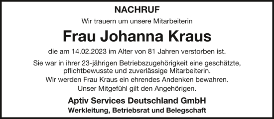 Traueranzeige von Johanna Kraus von Neumarkter Tagblatt