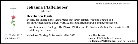 Traueranzeige von Johanna Pfaffelhuber von Mittelbayerische Zeitung Kelheim