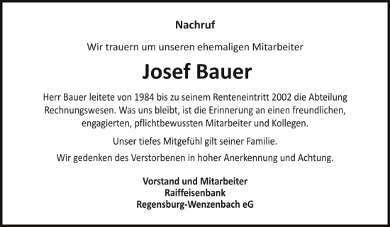 Traueranzeige von Josef Bauer von Mittelbayerische Zeitung Regensburg