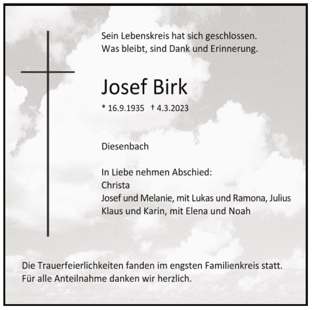  Traueranzeige für Josef Birk vom 18.03.2023 aus Mittelbayerische Zeitung Regensburg