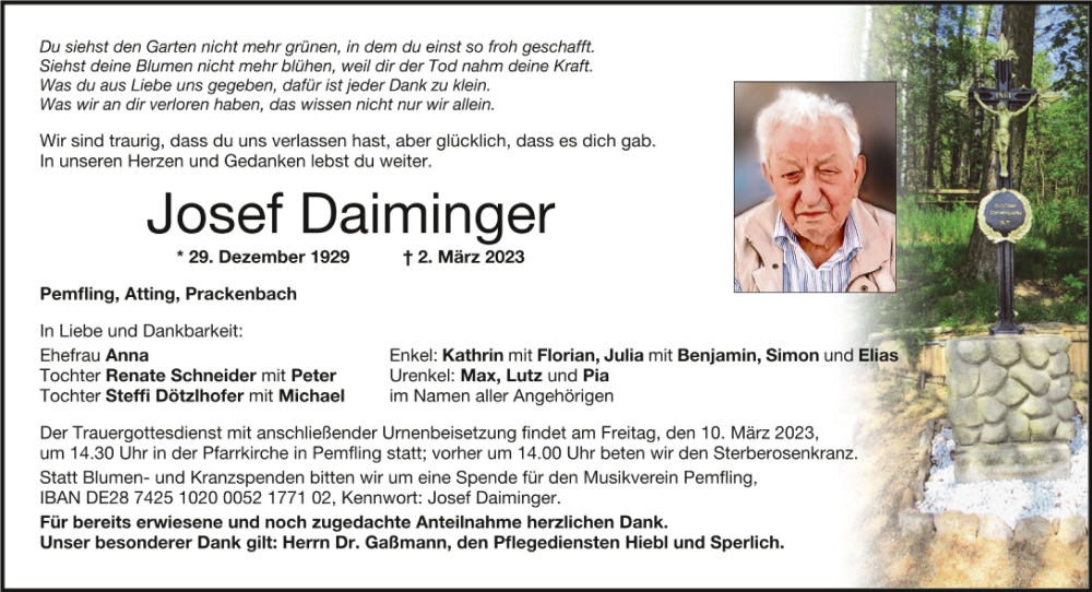  Traueranzeige für Josef Daiminger vom 08.03.2023 aus Bayerwald Echo