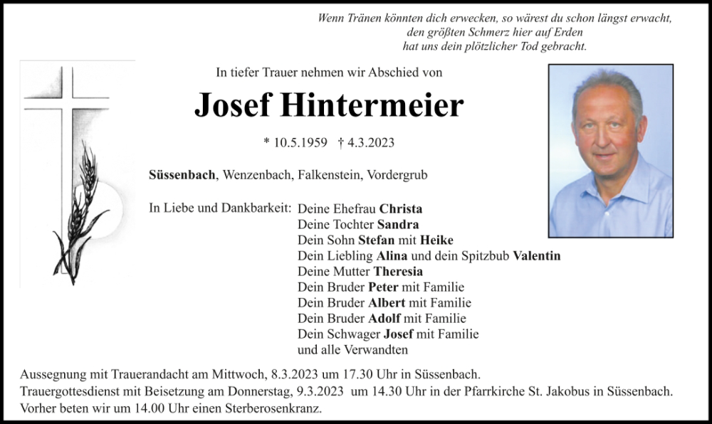  Traueranzeige für Josef Hintermeier vom 07.03.2023 aus Bayerwald Echo