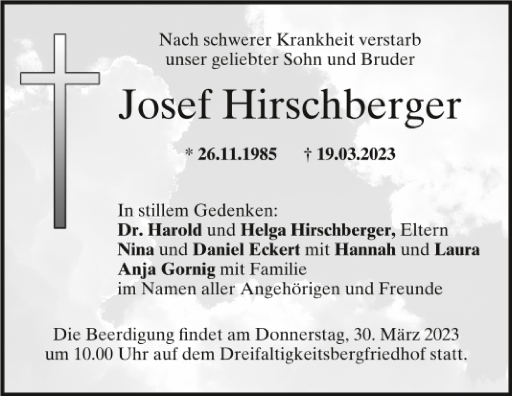  Traueranzeige für Josef Hirschberger vom 25.03.2023 aus Mittelbayerische Zeitung Gesamtausgabe