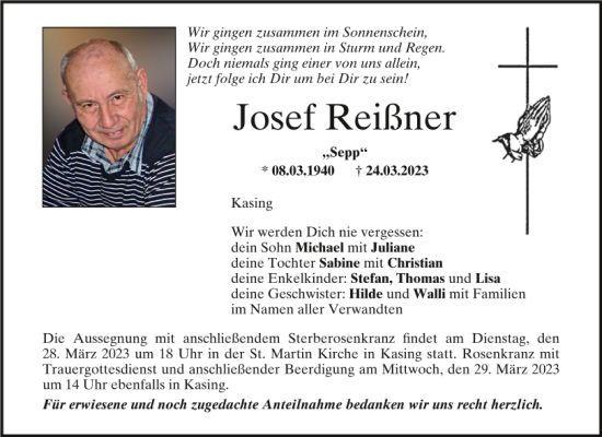 Traueranzeige von Josef Reißner von Mittelbayerische Zeitung Kelheim