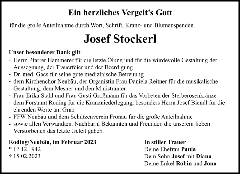  Traueranzeige für Josef Stockerl vom 11.03.2023 aus Bayerwald Echo