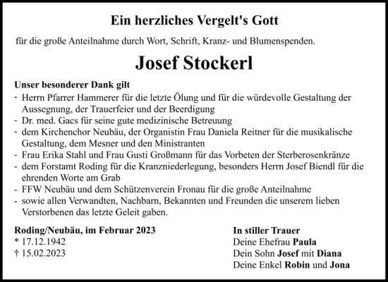 Traueranzeige von Josef Stockerl von Bayerwald Echo