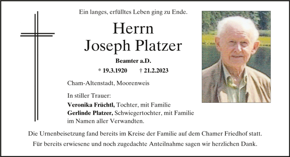  Traueranzeige für Joseph Platzer vom 22.03.2023 aus Bayerwald Echo