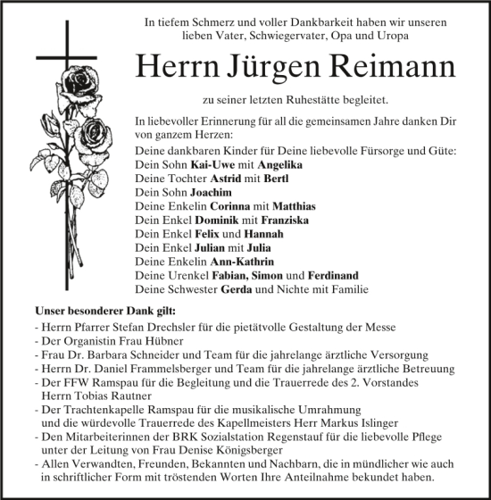 Traueranzeige von Jürgen Reimann von Mittelbayerische Zeitung Regensburg