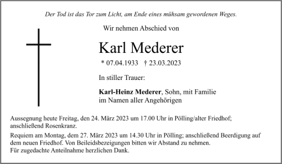 Traueranzeige von Karl Mederer von Neumarkter Tagblatt