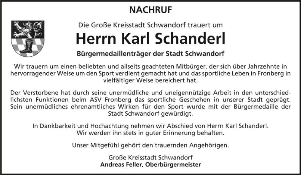  Traueranzeige für Karl Schanderl vom 17.03.2023 aus Mittelbayerische Zeitung Schwandorf