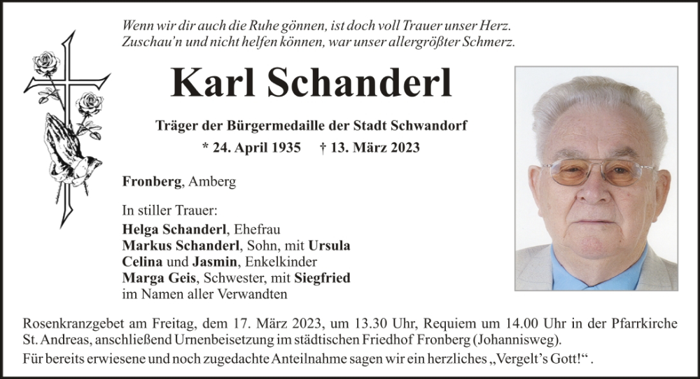  Traueranzeige für Karl Schanderl vom 15.03.2023 aus Mittelbayerische Zeitung Schwandorf