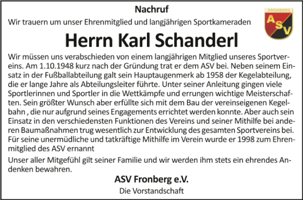  Traueranzeige für Karl Schanderl vom 18.03.2023 aus Mittelbayerische Zeitung Schwandorf
