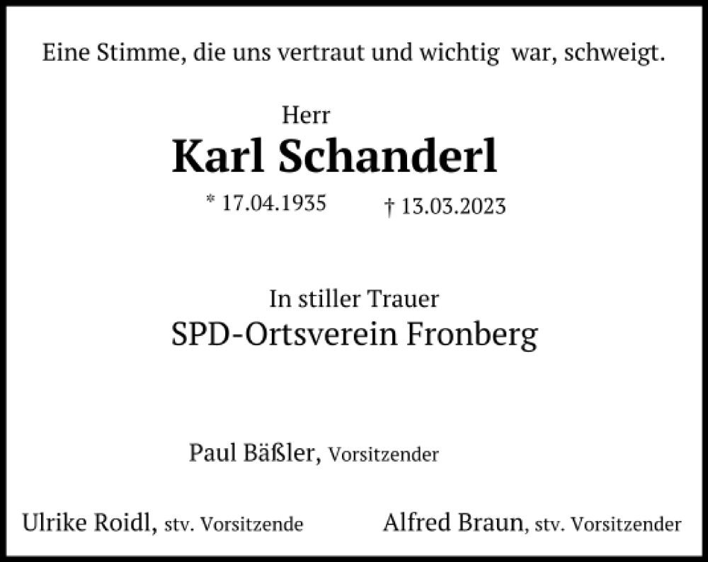  Traueranzeige für Karl Schanderl vom 17.03.2023 aus Mittelbayerische Zeitung Schwandorf