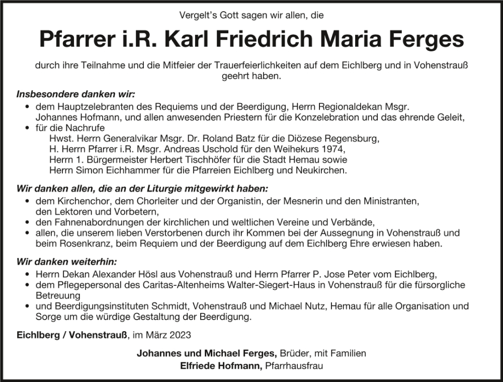  Traueranzeige für Karl Friedrich Maria Ferges vom 18.03.2023 aus Mittelbayerische Zeitung Regensburg