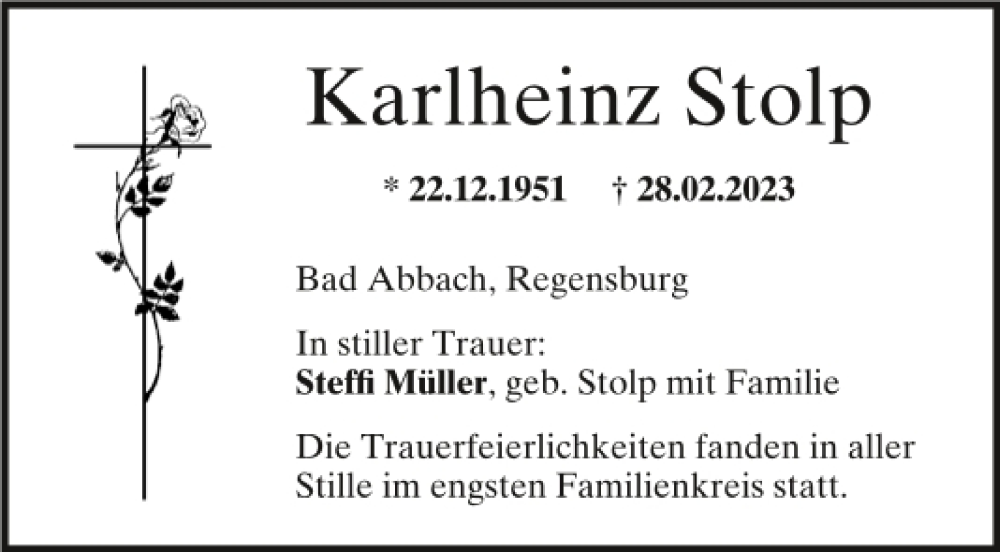 Traueranzeige für Karlheinz Stolp vom 04.03.2023 aus Mittelbayerische Zeitung Kelheim