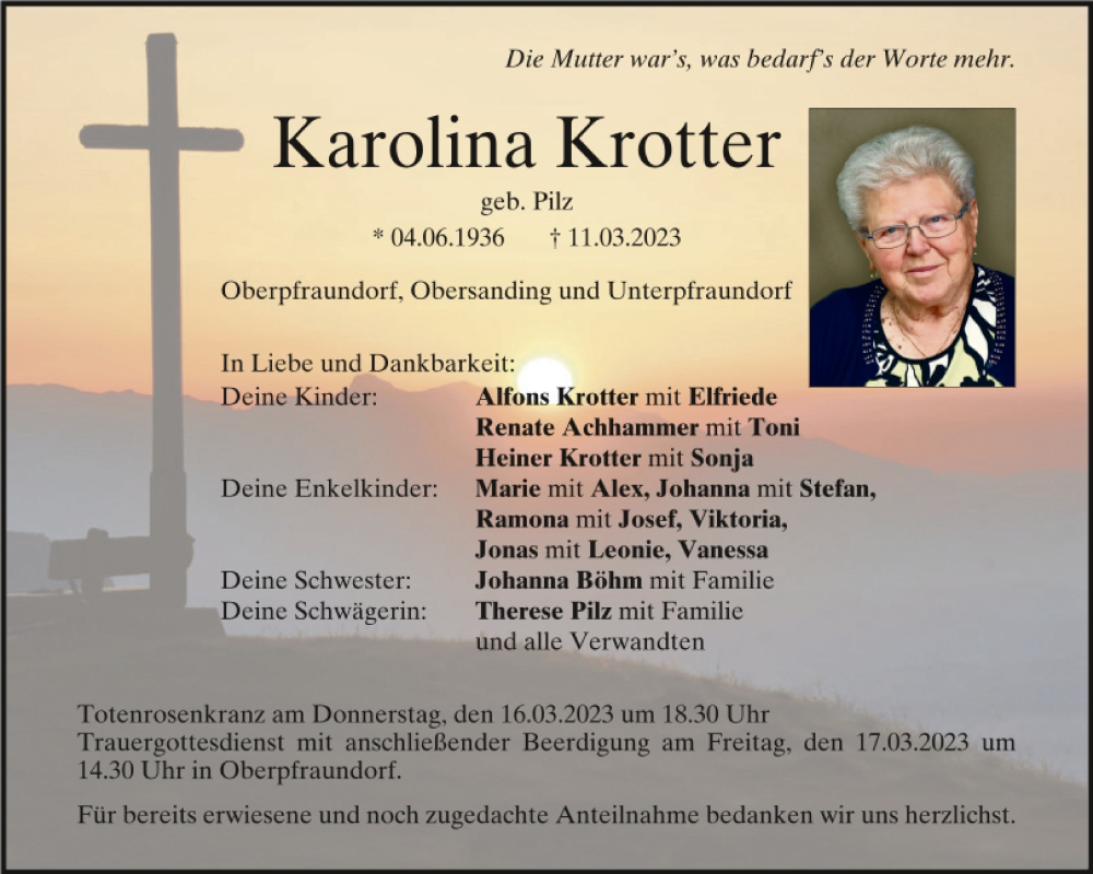  Traueranzeige für Karolina Krotter vom 15.03.2023 aus Neumarkter Tagblatt