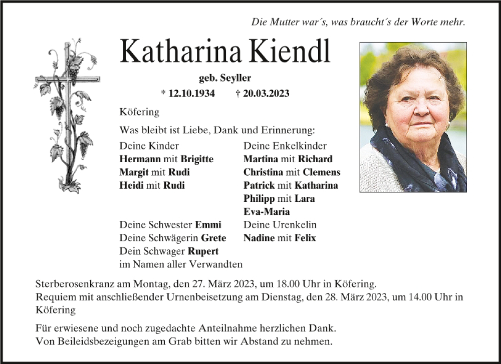  Traueranzeige für Katharina Kiendl vom 25.03.2023 aus Mittelbayerische Zeitung Regensburg
