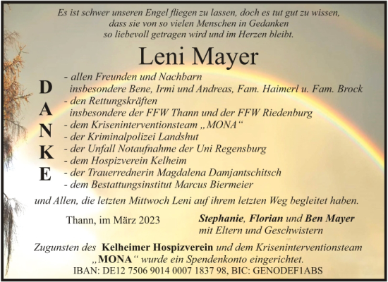 Traueranzeige von Leni Mayer von Mittelbayerische Zeitung Kelheim