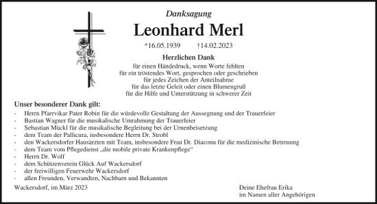 Traueranzeige von Leonhard Merl von Mittelbayerische Zeitung Schwandorf