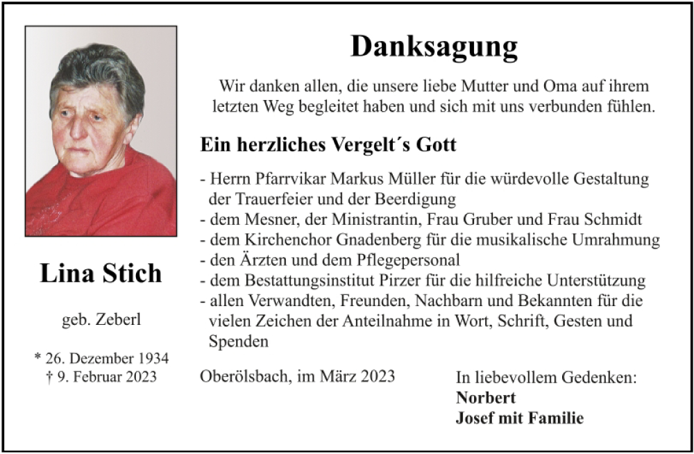  Traueranzeige für Lina Stich vom 04.03.2023 aus Neumarkter Tagblatt