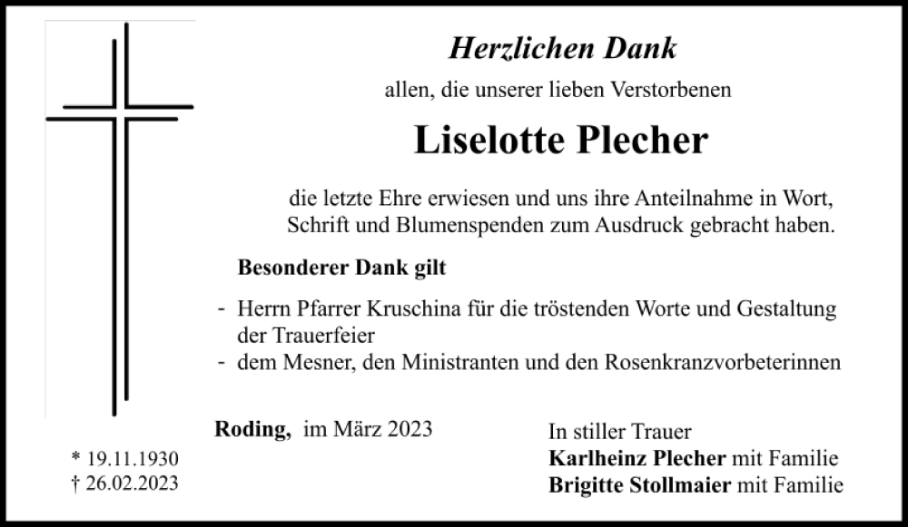  Traueranzeige für Liselotte Plecher vom 08.03.2023 aus Bayerwald Echo