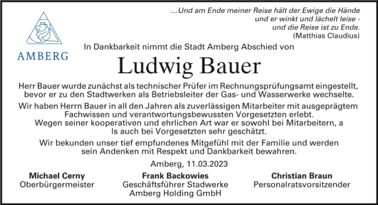 Traueranzeige von Ludwig Bauer von Mittelbayerische Zeitung Schwandorf