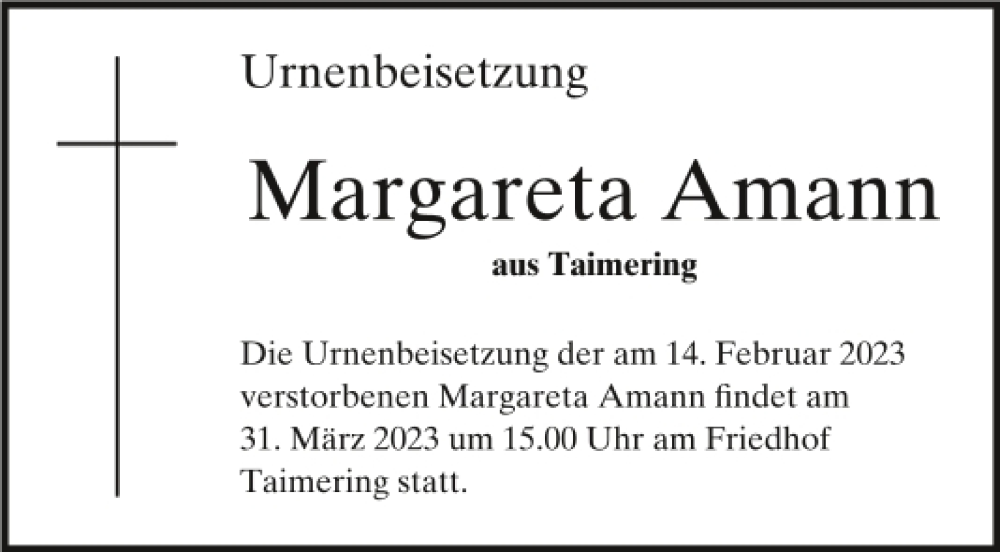  Traueranzeige für Margareta Amann vom 29.03.2023 aus Mittelbayerische Zeitung Regensburg